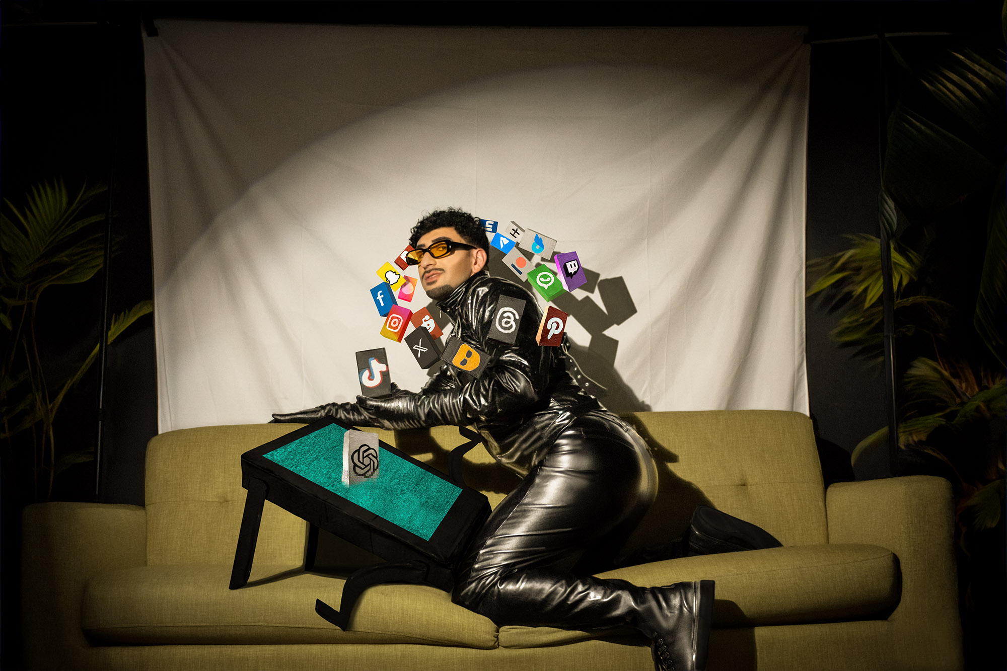 Photograph from the Hello Digital Sunshine series by Feris — ‘Disconnector.’ A self-portrait of the model seated in surreal glitch aesthetics, marking the opening of the narrative.