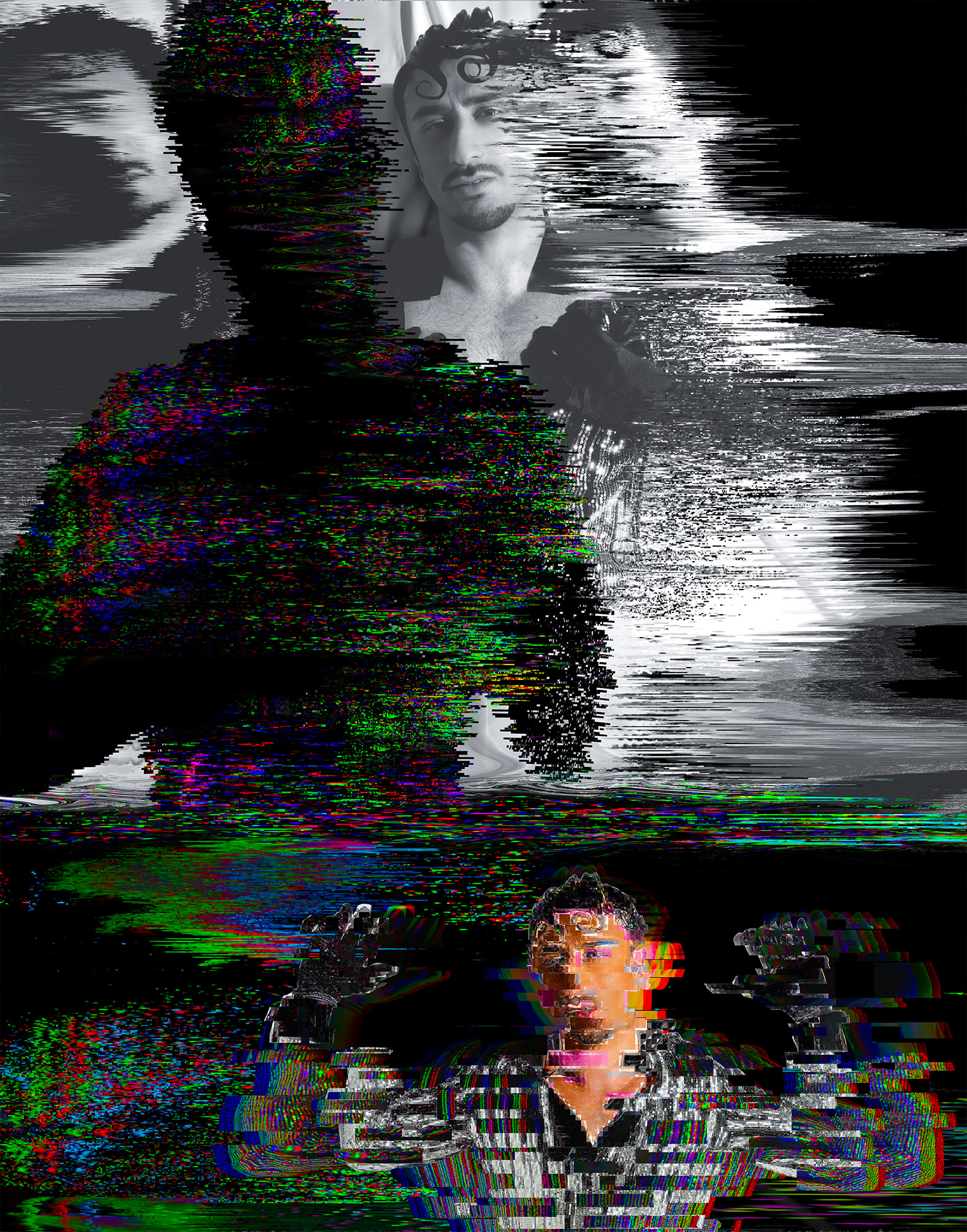 ‘We’ll Live Forever’ by Feris — Hello Digital Sunshine series. A climactic glitch explosion, identity dissolving into pixels.